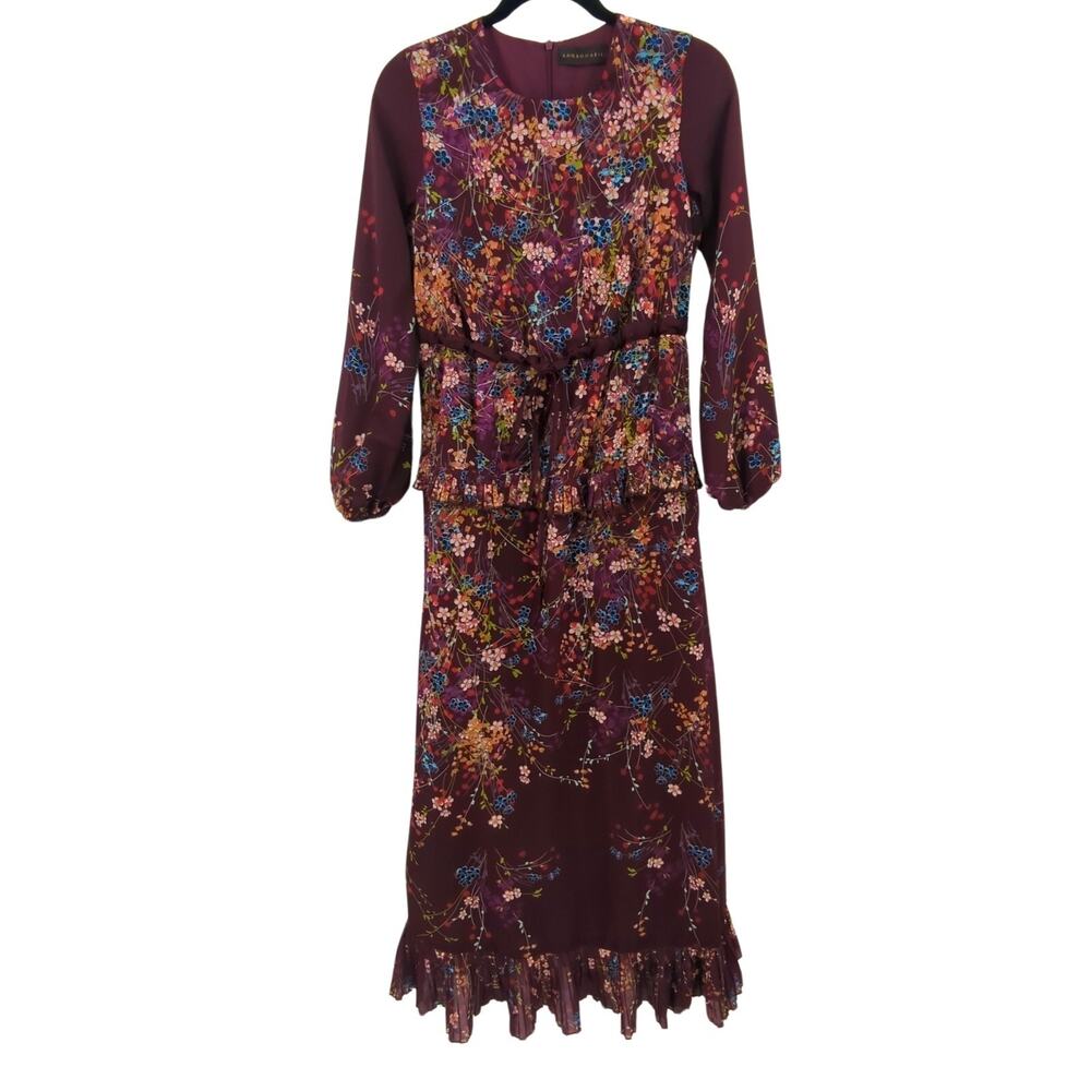 Annah Hariri Dress Womens 4 Burgundy Maxi Boho Romantic Floral Feminine Flowy